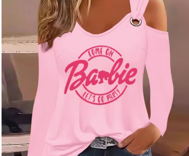 LIMITED! Come On Barbie Let's Go Party Print Cold Shoulder Eyelet Casual Top