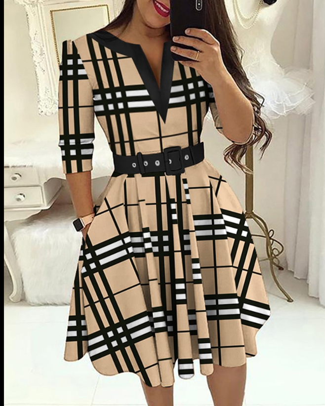 Plaid Print Notch Neck Casual Dress With Belt