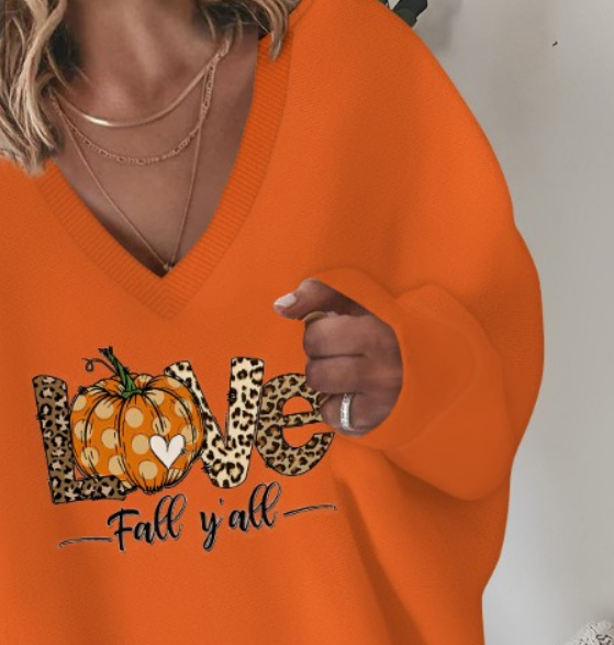 FALL! Leopard Polka Dot Pumpkin Love Letter Print V-Neck Top