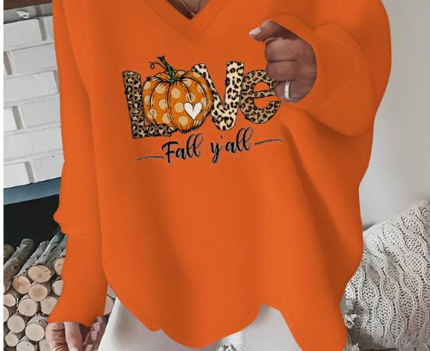 FALL! Leopard Polka Dot Pumpkin Love Letter Print V-Neck Top