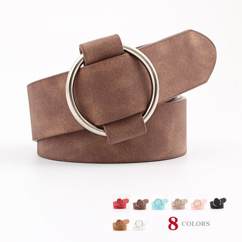 ZLY Fashion PU Material Belt Women Men Rain Metal Circle Buckle Solid Frosted Texture Casual Style Waistband Trend Luxury Belt