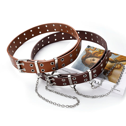 Women's Rock/Hip-Hop Trendsetting Single-Double Or Rivet Buttonhole Belt Punk Belt with Detachable Chain.