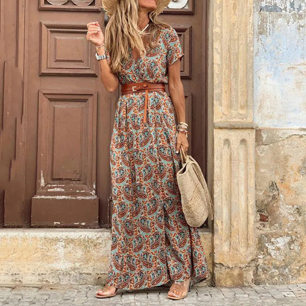 HOT SALE!! Boho Women V Neck Short Sleeve Paisley Print Belt Large Hem Beach Long Dress Print Dress, with Belt.