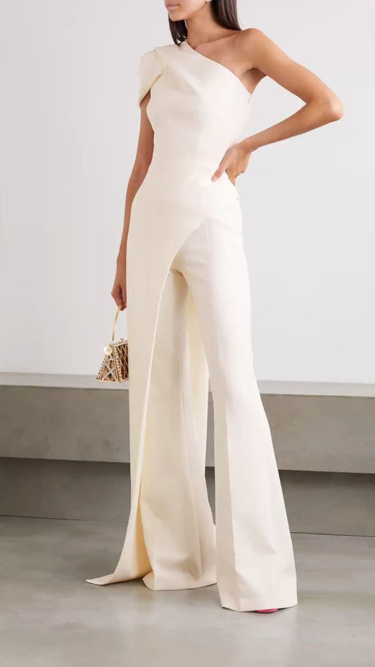 Women's High Waist Straight White Casual Jumpsuit. Long Pants Sleeveless-Show. Thin Hanging Neck &Backless Jumpsuit.