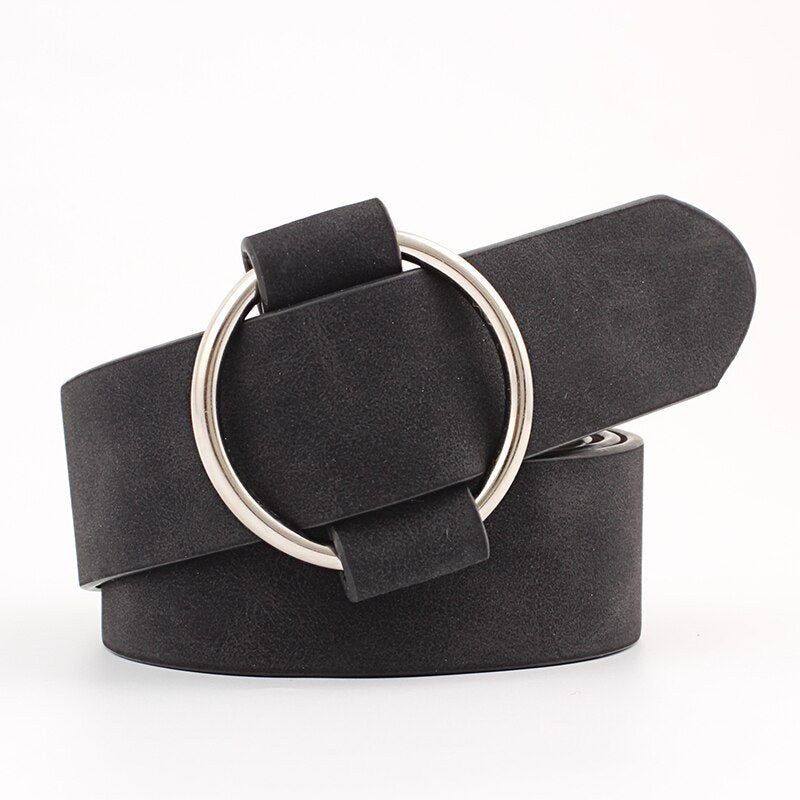 ZLY Fashion PU Material Belt Women Men Rain Metal Circle Buckle Solid Frosted Texture Casual Style Waistband Trend Luxury Belt