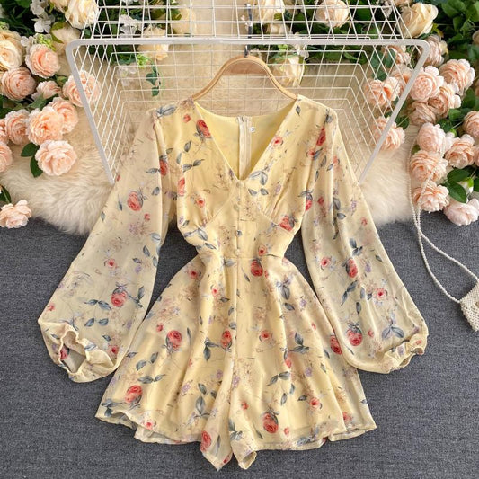 Women's French-Style Vintage Floral Print Jumpsuit V-neck Puff Sleeve Waist Hugging Slimming All-match Casual Playsuits PL465