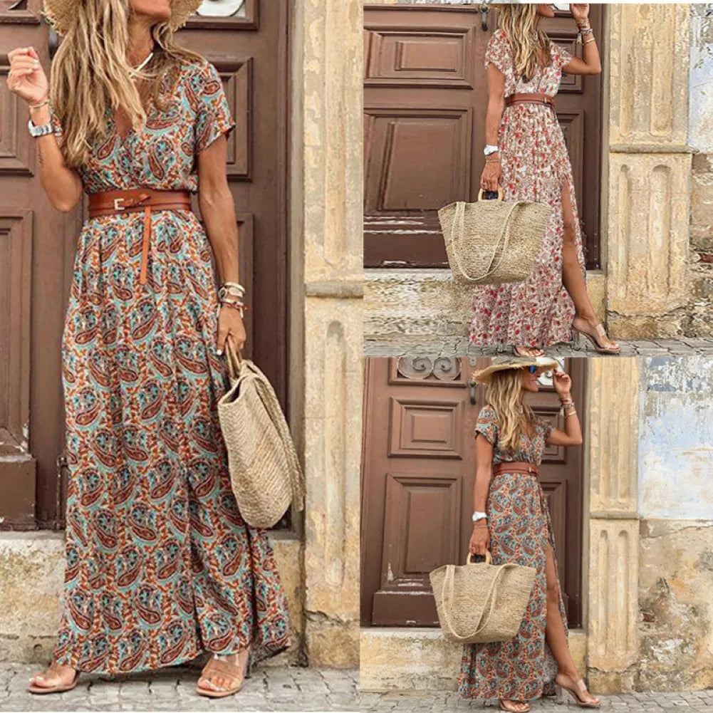 HOT SALE!! Boho Women V Neck Short Sleeve Paisley Print Belt Large Hem Beach Long Dress Print Dress, with Belt.