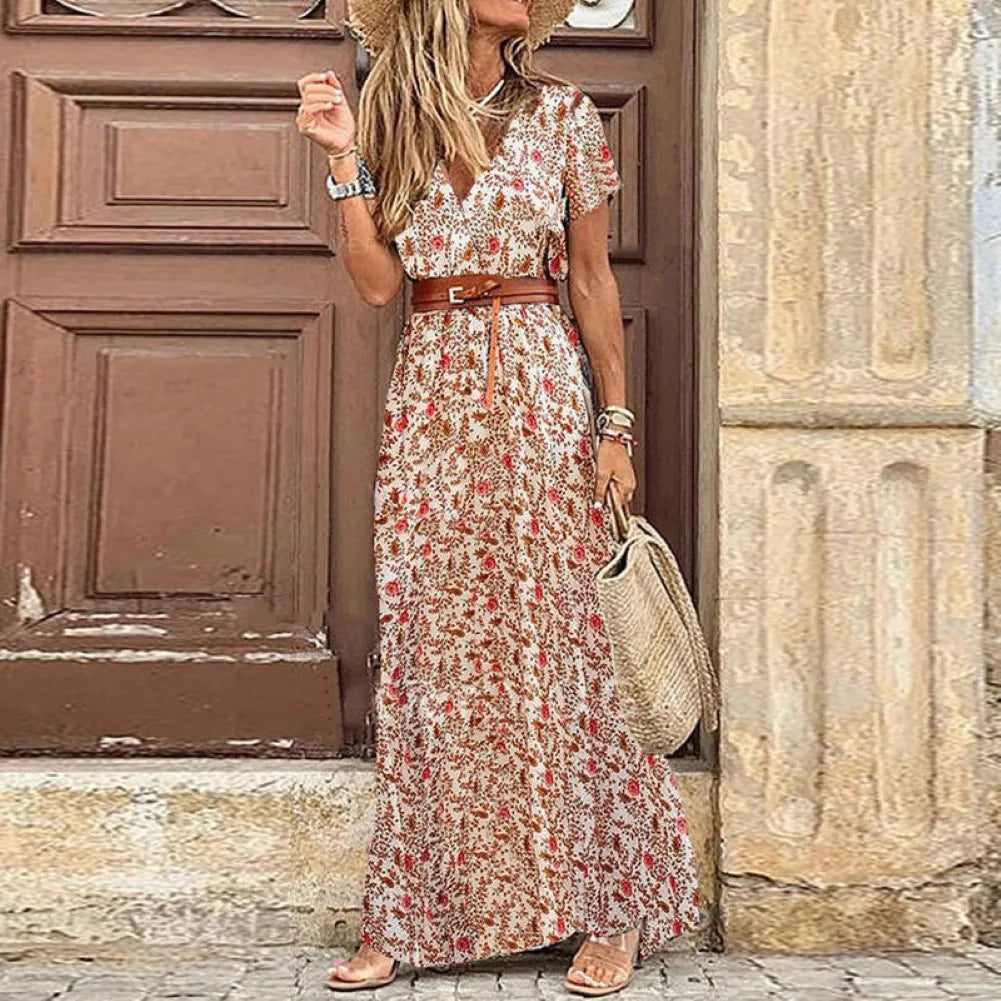 HOT SALE!! Boho Women V Neck Short Sleeve Paisley Print Belt Large Hem Beach Long Dress Print Dress, with Belt.