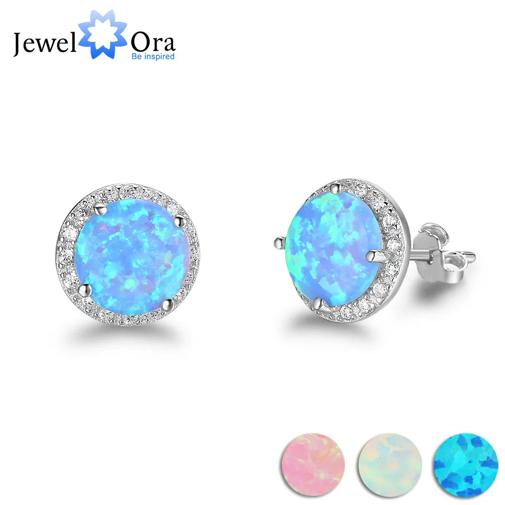 10mm Blue Opal Stone 925 Sterling Silver Stud Earrings Ocean Style Fashion Earrings for Women Gift for Her (Jewelora EA102018)