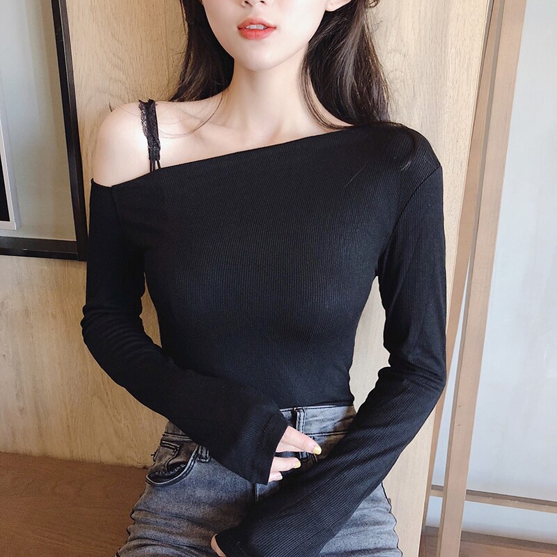 shintimes Off The Shoulder Tops For Women T Shirt Long Sleeve Womens Clothing T-Shirt Female Sexy Korean Style Tee Shirt Femme