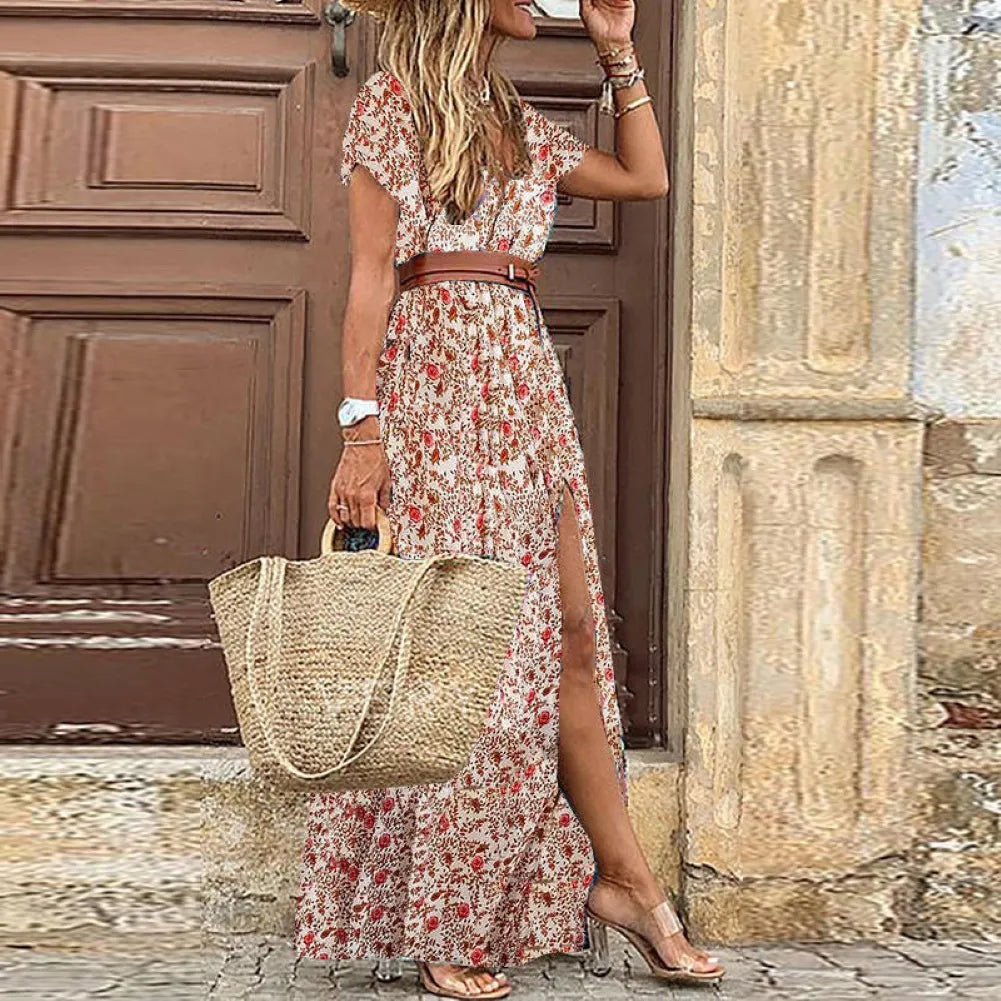 HOT SALE!! Boho Women V Neck Short Sleeve Paisley Print Belt Large Hem Beach Long Dress Print Dress, with Belt.