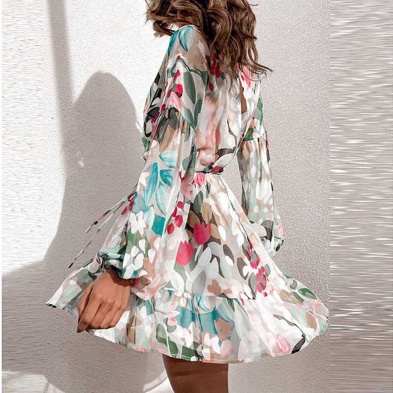 Spring V Neck Floral Print Backless Dress Chiffon Women Lace Up Long Lantern Sleeve A Line Ruffle Dress Lady Party Vestidos 2021