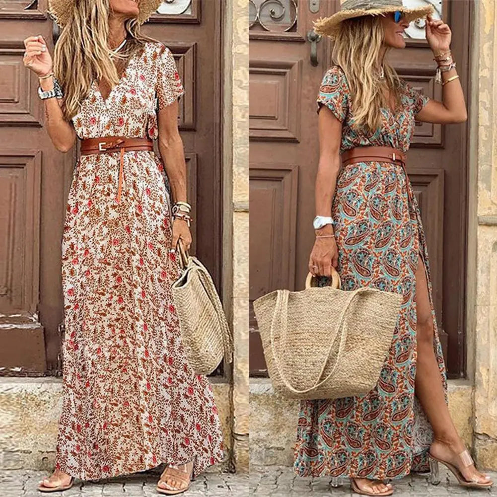 HOT SALE!! Boho Women V Neck Short Sleeve Paisley Print Belt Large Hem Beach Long Dress Print Dress, with Belt.