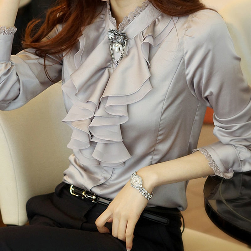 Women White Blouses Ruffles Solid 2023 Spring Fall Long Sleeve Shirt Female Satin Silk Women's Loose Clothing Elegant Tops 3XL