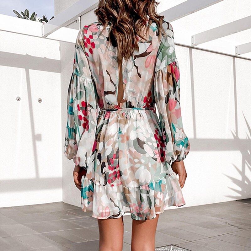 Spring V Neck Floral Print Backless Dress Chiffon Women Lace Up Long Lantern Sleeve A Line Ruffle Dress Lady Party Vestidos 2021