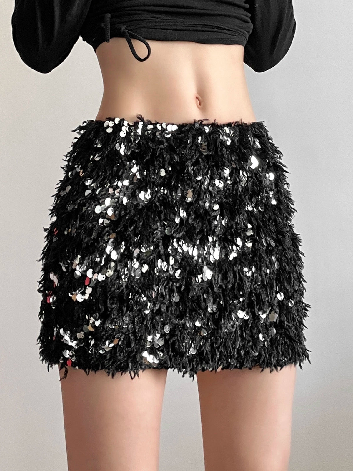 Kliou Cool Girl Fried Street Personalized Sequined Plush Skirt Women's Design Slimming High Waist Sheath Hot Girl Skirt