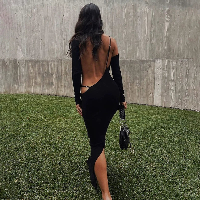 Long Sleeves Large Backless Strap Long Sexy Dress Women's