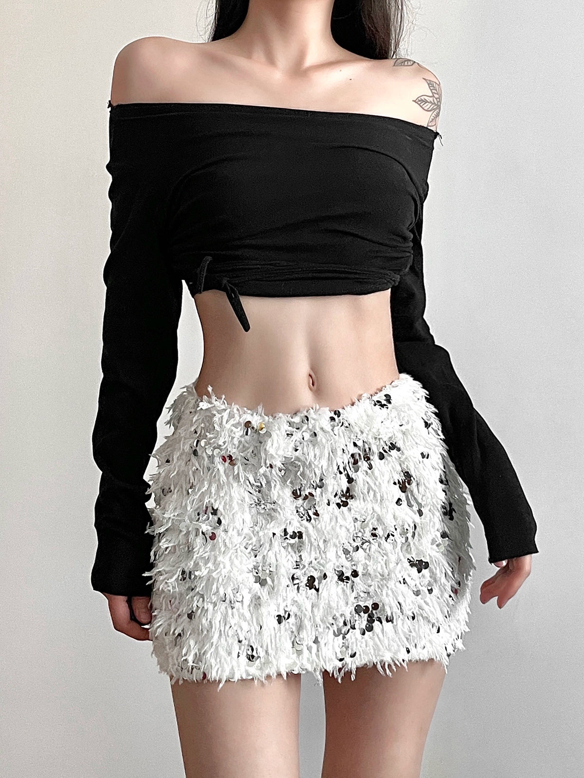 Kliou Cool Girl Fried Street Personalized Sequined Plush Skirt Women's Design Slimming High Waist Sheath Hot Girl Skirt