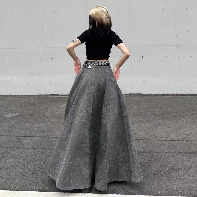 American Retro Slimming Denim Jeans! A-line Maxi Sun Skirt -Long.