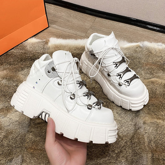 Punk Style Women Sneakers Lace-up 6CM Platform Shoes Woman Creepers Female Casual Flats Metal Decor Tenis Feminino