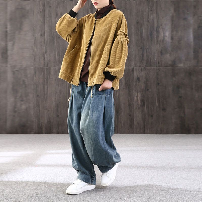 Loose Fashionable Vintage Casual Button Pockets Haren Pants Elastic Waist Solid Streetwear Handsome Women's Clothing Pleated