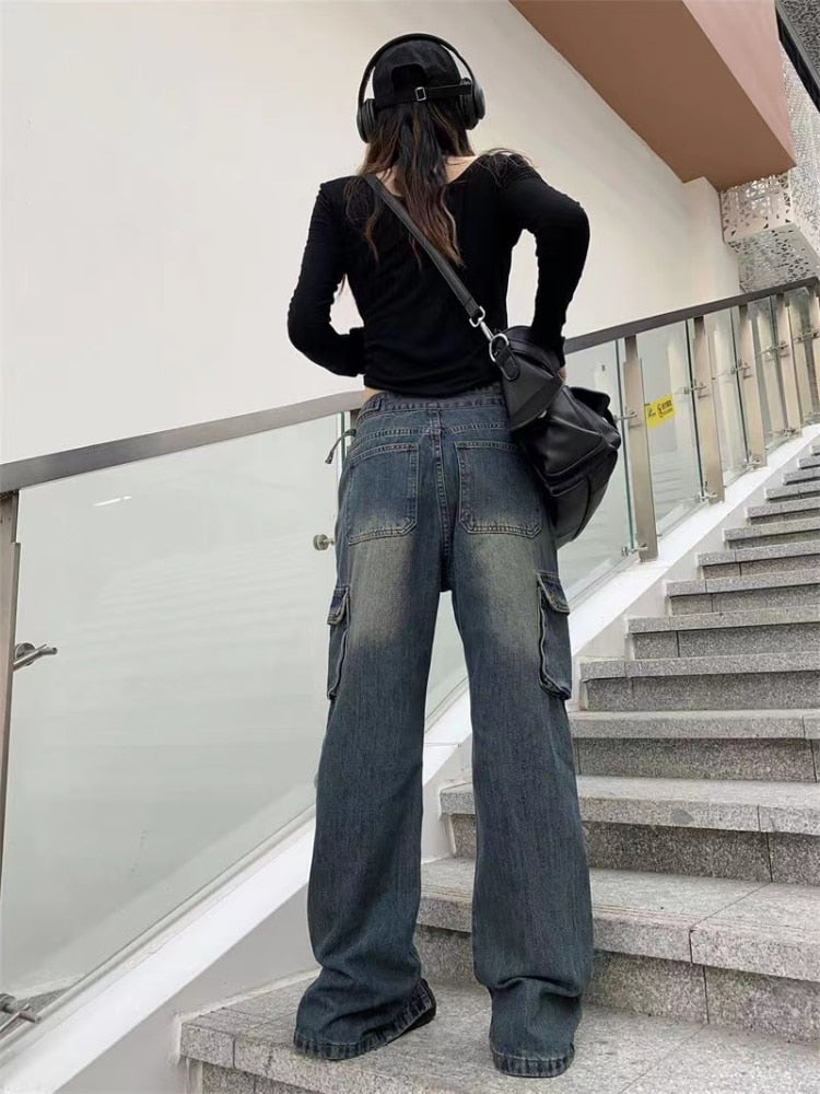 ADAgirl Flared Wide Leg Cargo Jeans! High Waist Vintage Trousers [Split Streetwear].