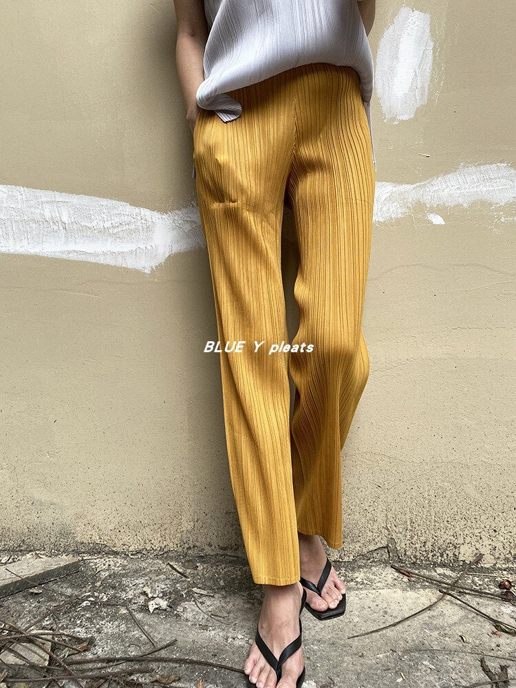 Miyake Pleated Pants Women Fall Clothing New Color Korean High Waist Elegant Casual Classic Basic Ankle-Length Straight Pants