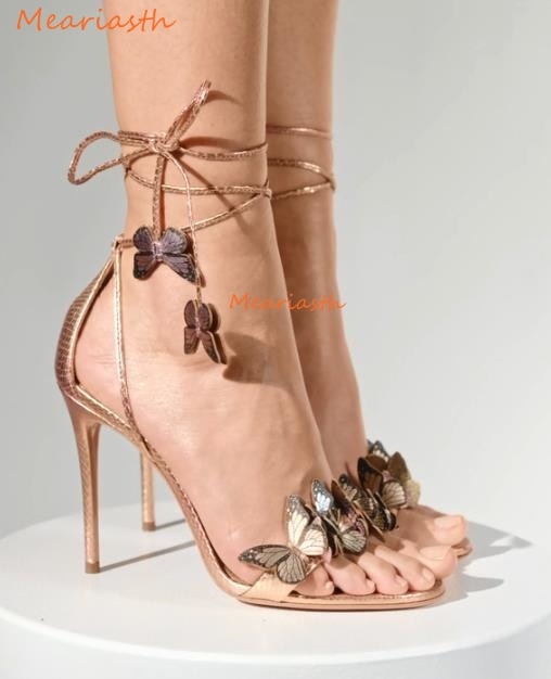 Fashion Genuine Leather Butterfly Summer Sandals Lace Up Open Toe Stiletto High Heel Ankle Strap 2022 Women High Heels Shoes