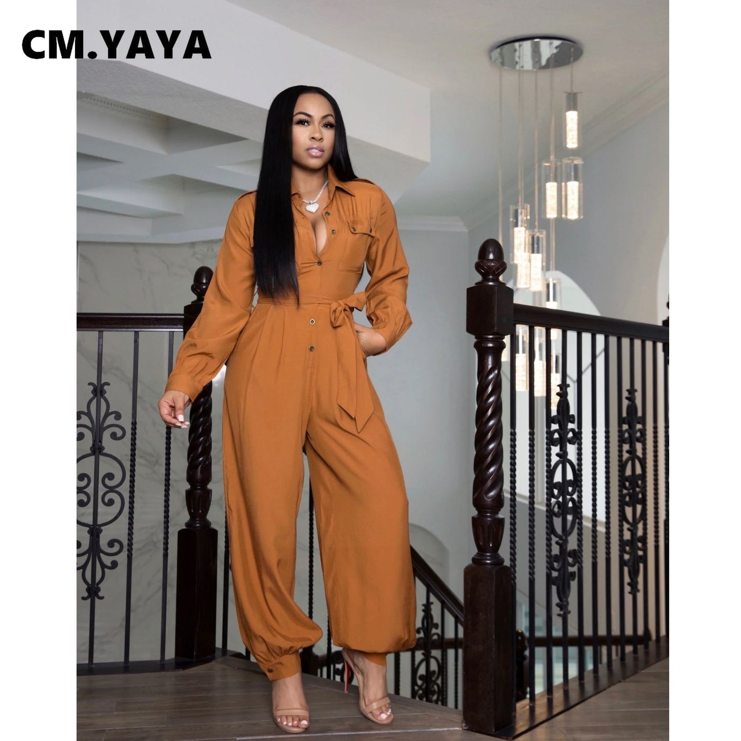 Women's Jumpsuit - Long Sleeve Button Up with Sashes - One Piece Suit Turn Neck Overall Romper.