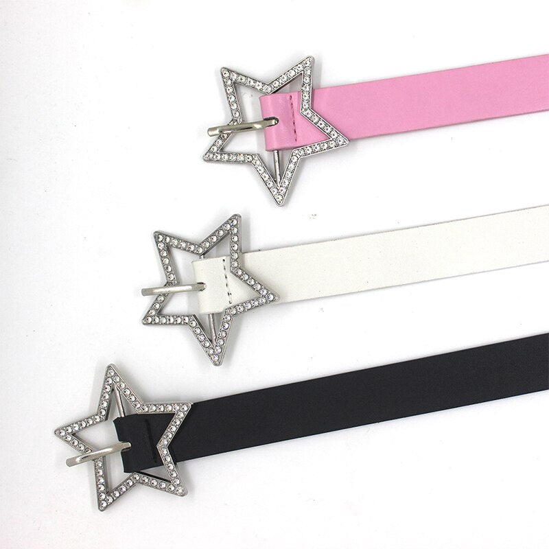 Girls Belt Y2k Personality Fashion Trend All-Match Jeans Accessories Pentagram Metal Buckle Hot Girl Pink Leather Thin Waistband