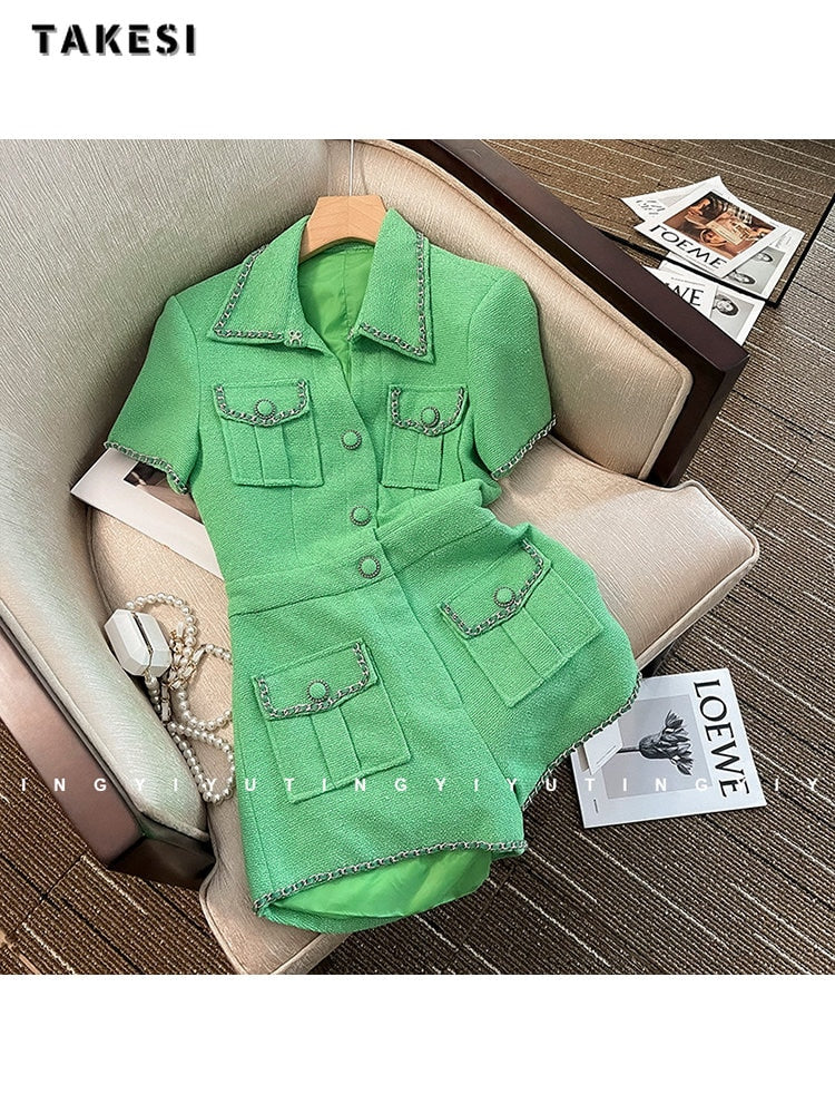 2023 Summer Vintage Short Sleeve Turn-Down Collar Green Jumpsuits Women's Elegant High Waist Patchwork Single Breasted Rompers