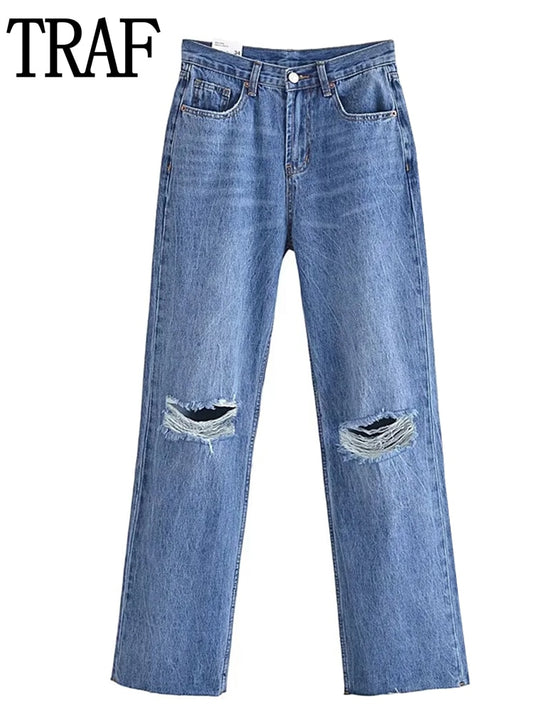 TRAF Blue Baggy Jeans. Ripped Denim Pants / High Waist Wide Leg Pants / Fashion Streetwear