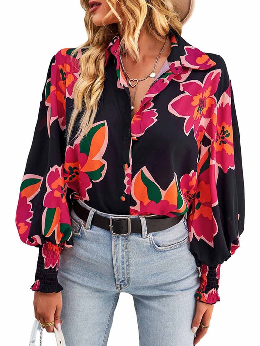 Women s Floral Print Lantern Sleeve Button Down Shirt - Perfect for Summer Beachwear Casual Outings and Business Work Attire