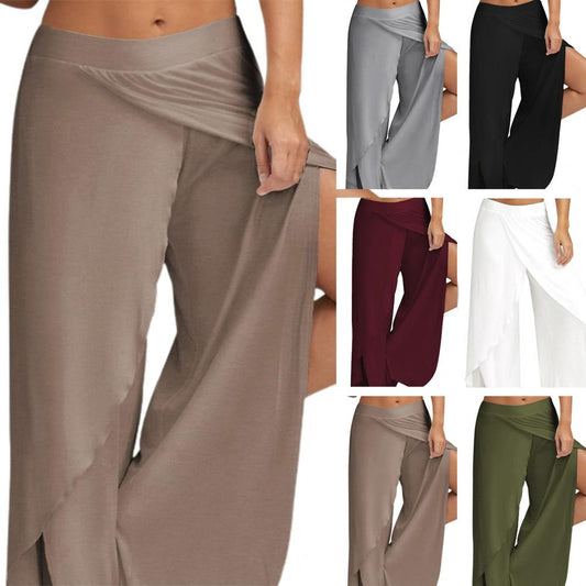 Womens Wide Leg Loose Fit Pants. Split Trousers with Elastic Waist.