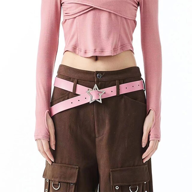 Girls Belt Y2k Personality Fashion Trend All-Match Jeans Accessories Pentagram Metal Buckle Hot Girl Pink Leather Thin Waistband