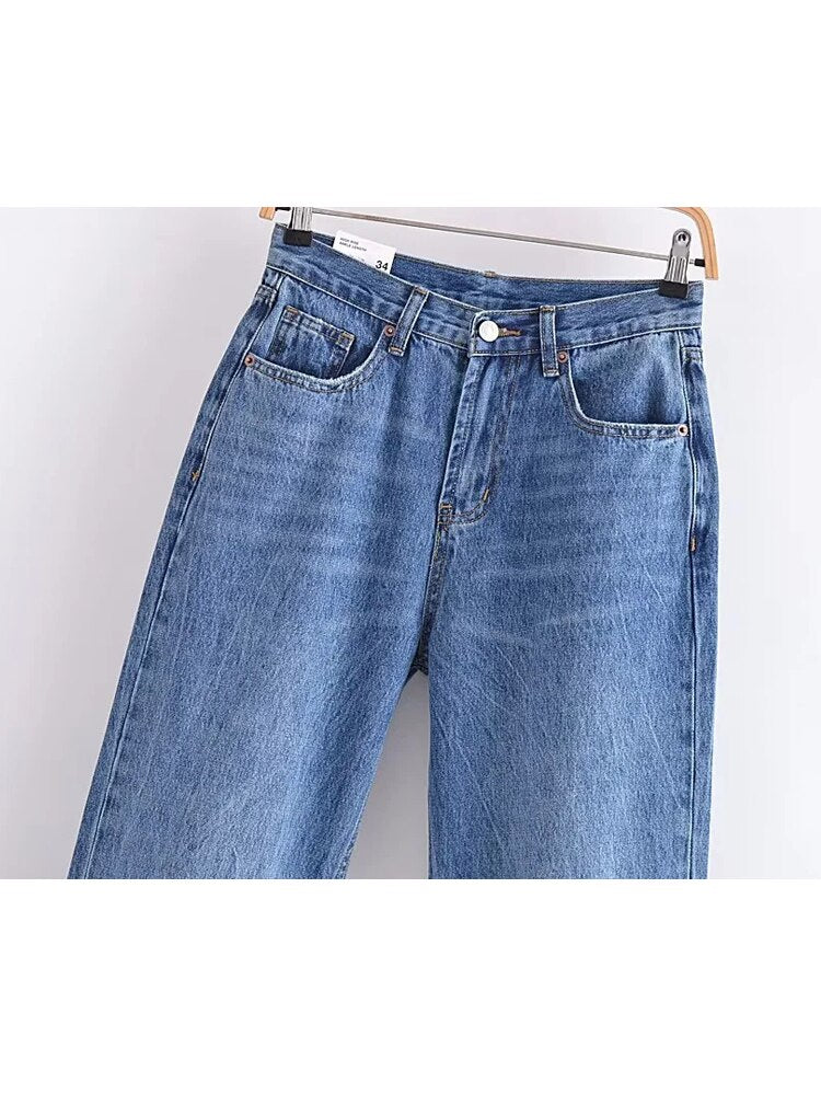 TRAF Blue Baggy Jeans. Ripped Denim Pants / High Waist Wide Leg Pants / Fashion Streetwear