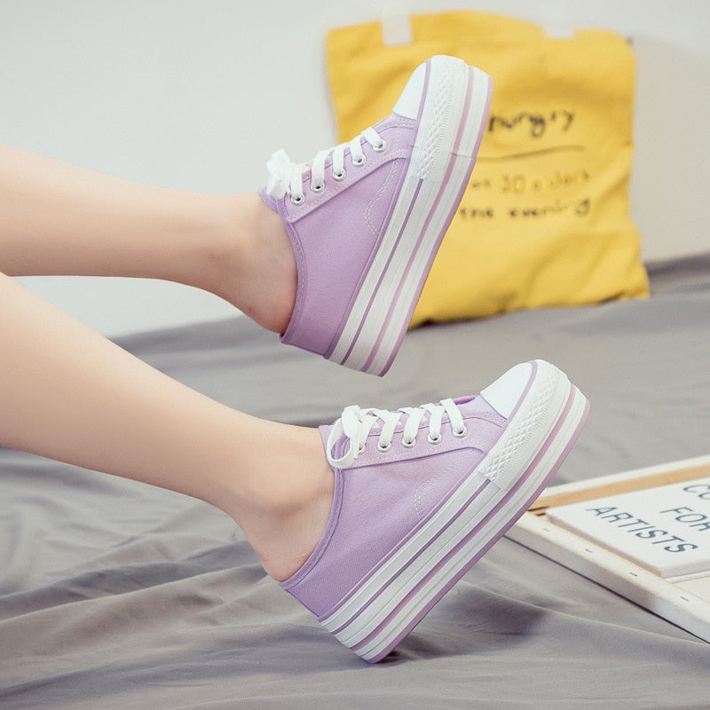 2023 The New Thick-soled Inner Heightening Half-drag Canvas Shoes Women's Purple Muffin with A Pedal Lazy Shoes Women