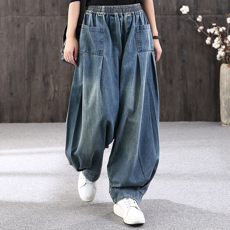 Loose Fashionable Vintage Casual Button Pockets Haren Pants Elastic Waist Solid Streetwear Handsome Women's Clothing Pleated