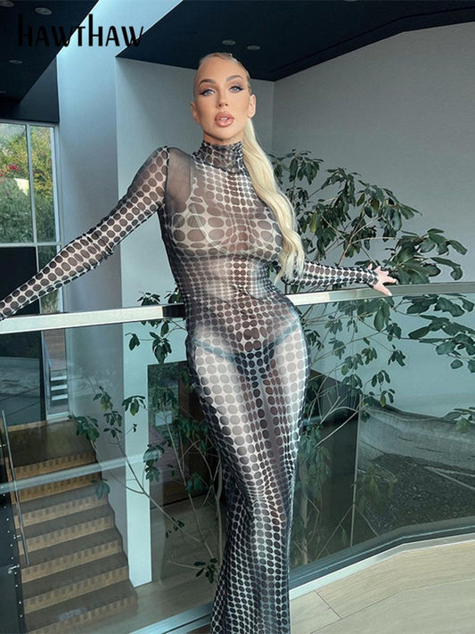 Women's Sexy Long Sleeve Mesh - See Through Bodycon Long Dress By HAWTHAW