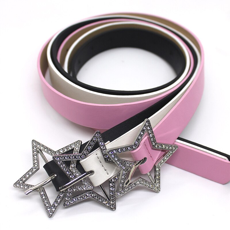 Girls Belt Y2k Personality Fashion Trend All-Match Jeans Accessories Pentagram Metal Buckle Hot Girl Pink Leather Thin Waistband