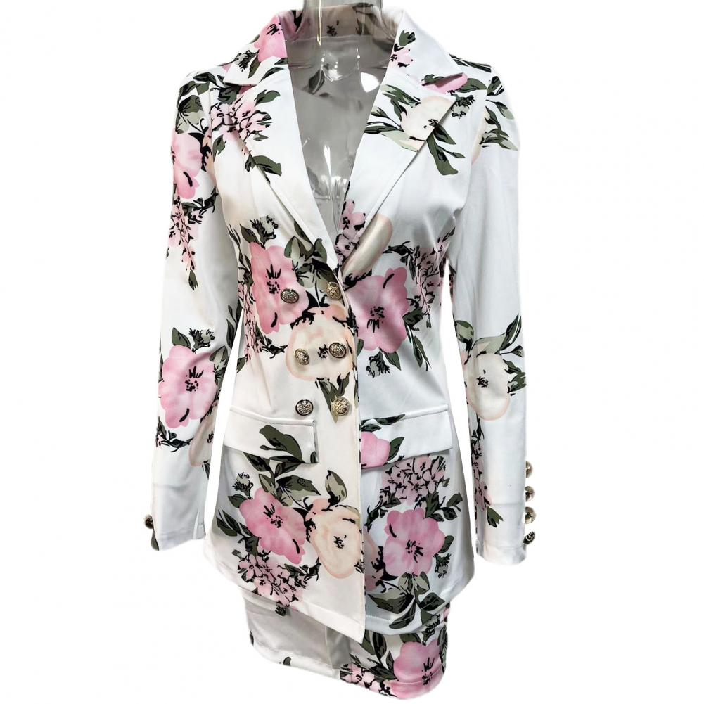 Women Work Attire Chic Commute Suit Sets Flower Check Print High Waist Long Sleeve Jacket Skirt Sets for Formal Office Style