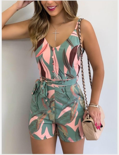 Summer European and American Style New V-neck Strap Fashion Leaf Print Stripe Strap Short Women's Jumpsuit