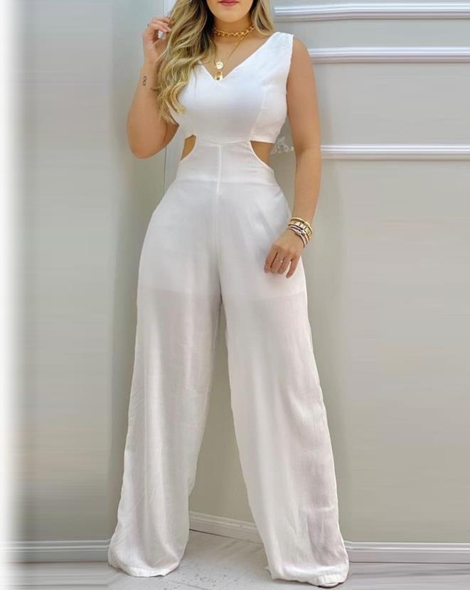 Women's Casual Cutout Jumpsuit. Backless Tied Detail Jumpsuit. V-Neck & Sleeveless.