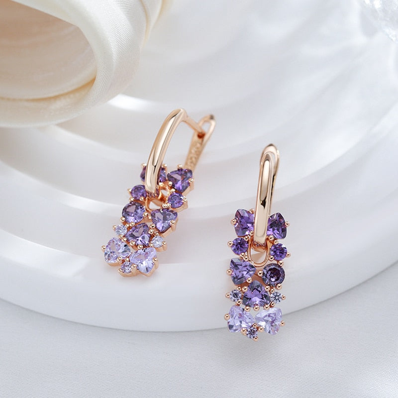 Kinel Hot Shiny Purple Natural Zircon Drop Earrings For Women Trend 585 Rose Gold Color Bride Wedding Fine Jewelry Crystal Gift