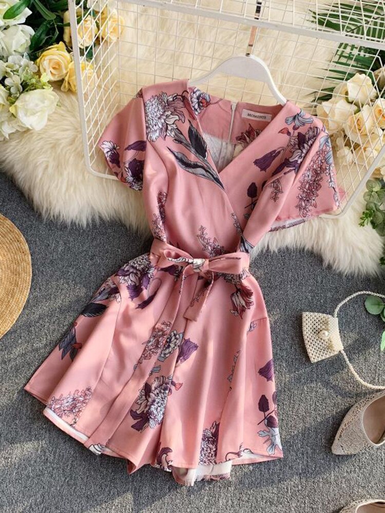 Summer Women's Jumpsuit New Korean Retro Printing One-piece Wide-leg Pants V-neck High-waist Lace-up Thin Wide-leg Shorts LL013