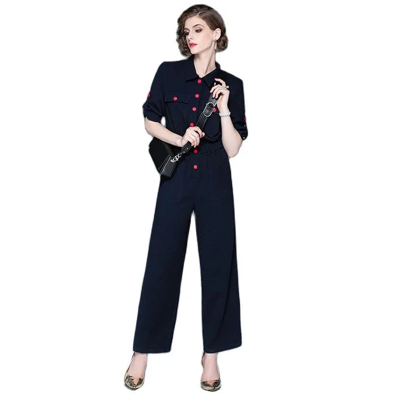 Women's 2023 autumn new fashion lapel cropped sleeves autumn section jumpsuit