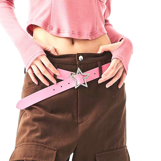 Girls Belt Y2k Personality Fashion Trend All-Match Jeans Accessories Pentagram Metal Buckle Hot Girl Pink Leather Thin Waistband