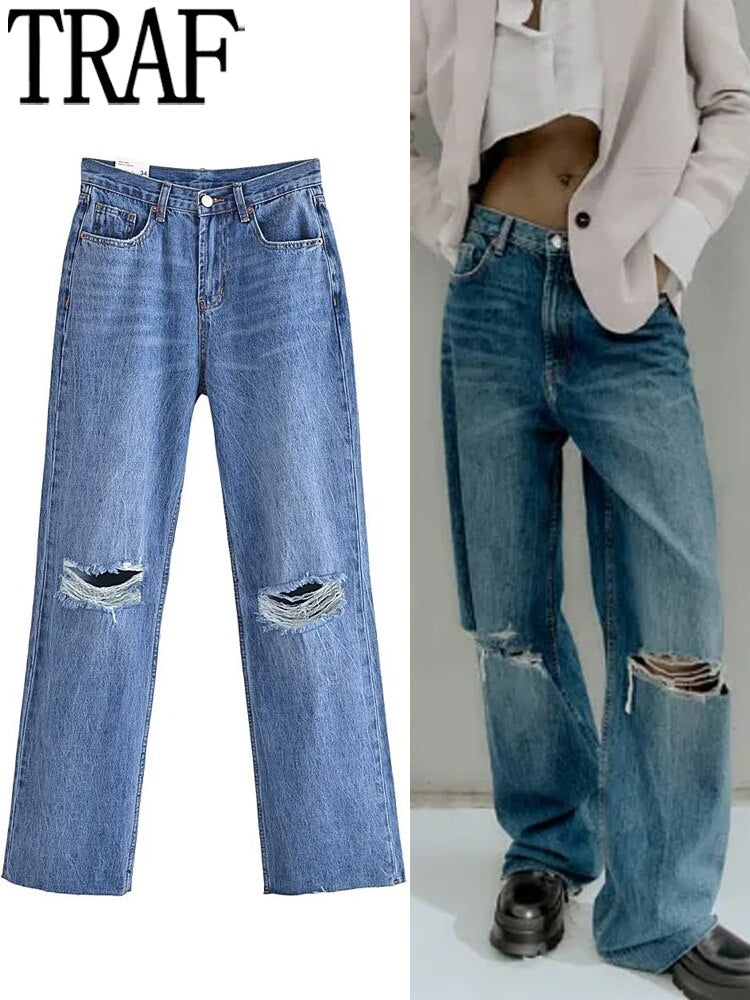 TRAF Blue Baggy Jeans. Ripped Denim Pants / High Waist Wide Leg Pants / Fashion Streetwear