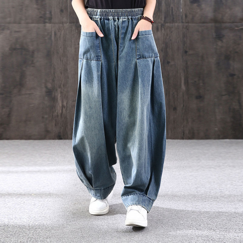 Loose Fashionable Vintage Casual Button Pockets Haren Pants Elastic Waist Solid Streetwear Handsome Women's Clothing Pleated