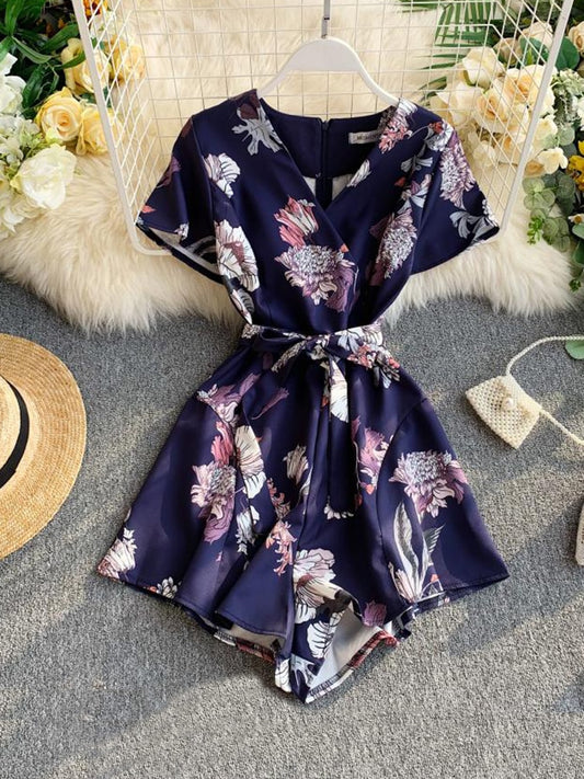 Summer Women's Jumpsuit New Korean Retro Printing One-piece Wide-leg Pants V-neck High-waist Lace-up Thin Wide-leg Shorts LL013